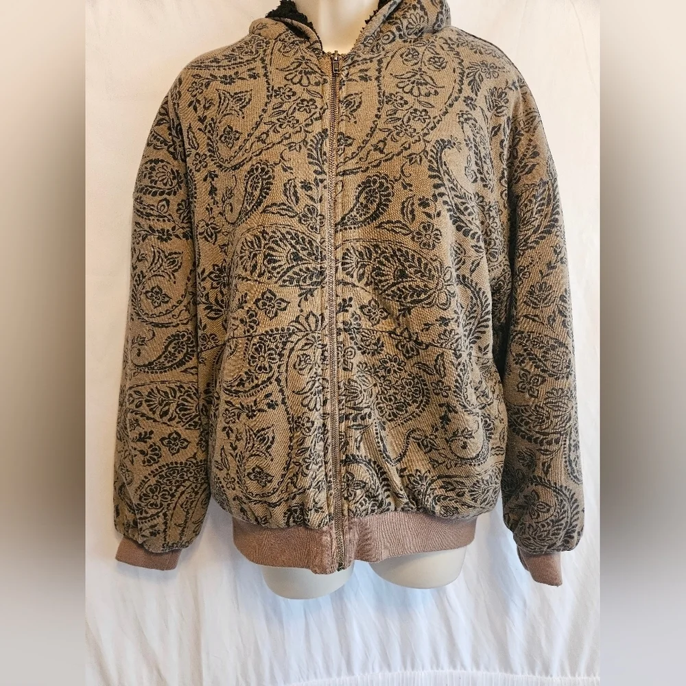 Forever 21 Paisley Print Zip-up Hoodie. size S Brown and black sherpa - Picture 7 of 16